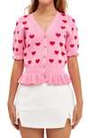 English Factory Puff Sleeve Heart Cardigan In Pink/ Red