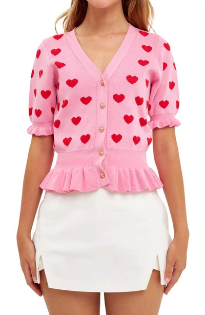 English Factory Puff Sleeve Heart Cardigan In Pink/ Red