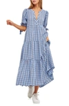 English Factory Plaid Tiered Midi Dress In Blue Multi