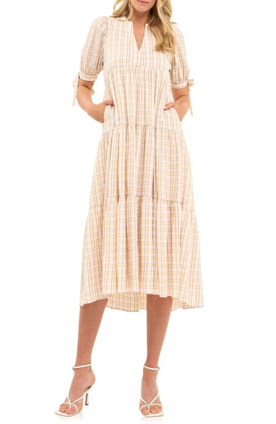 English Factory Plaid Tiered Midi Dress In Ivory Multi