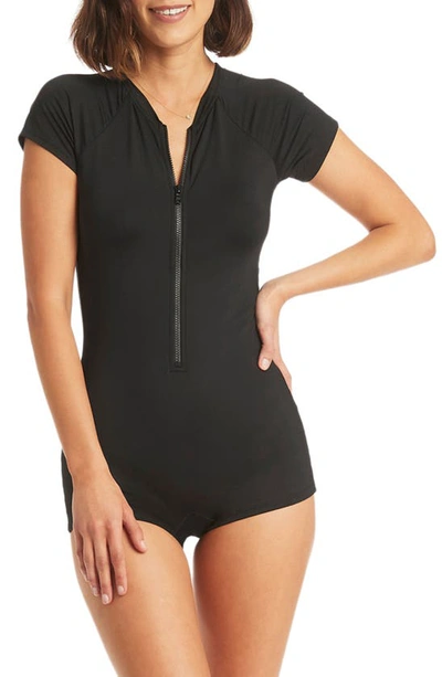 Sea Level Short Sleeve Zip One-piece Swimsuit In Black