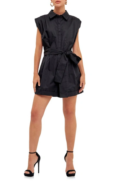 Grey Lab Ruched Collar Cotton Romper In Black