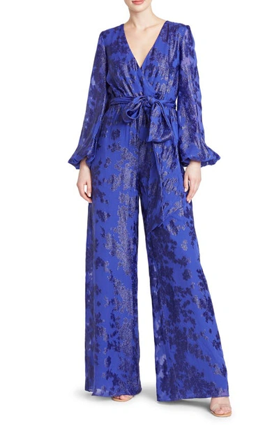 ml Monique Lhuillier Chiffon Long-sleeve Jumpsuit In Blue