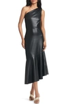 SACHIN & BABI HARRIS ONE-SHOULDER ASYMMETRIC FAUX LEATHER MIDI DRESS