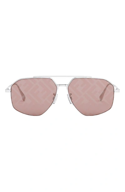 Fendi Travel 56mm Aviator Sunglasses In Shiny Palladium / Bordeaux