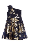 Marchesa Kids' Jackson Floral Foil One-shoulder Dress In Navy