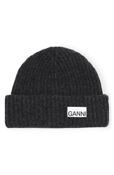 Ganni Structured Rib Wool Blend Beanie In Phantom