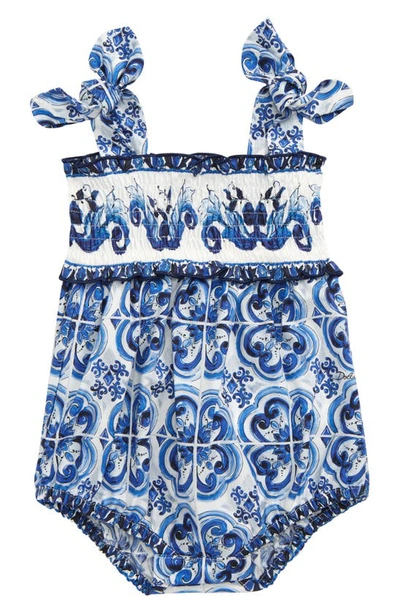 Dolce & Gabbana Kids' Girl's Blue Mediterraneo Majolica Smocked Romper In Tris Maioliche Fb