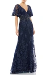 Mac Duggal Butterfly Sleeve Sequin Lace Column Gown In Midnight