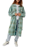 Free People Ruby Plaid Long Button-up Jacket In Sage Combo