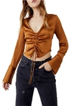 Free People Aurora Cinched Satin Blouse In Tiger Eye