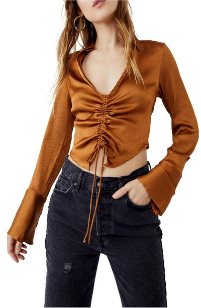 Free People Aurora Cinched Satin Blouse In Tiger Eye