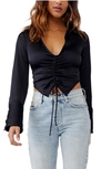 Free People Aurora Cinched Satin Blouse In Black