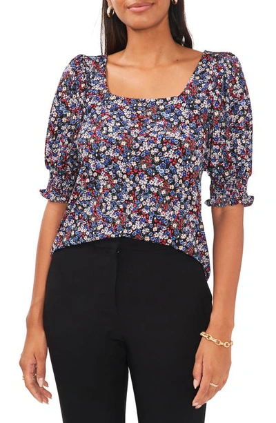 Chaus Floral Square Neck Smocked Sleeve Blouse In Black/ Multi