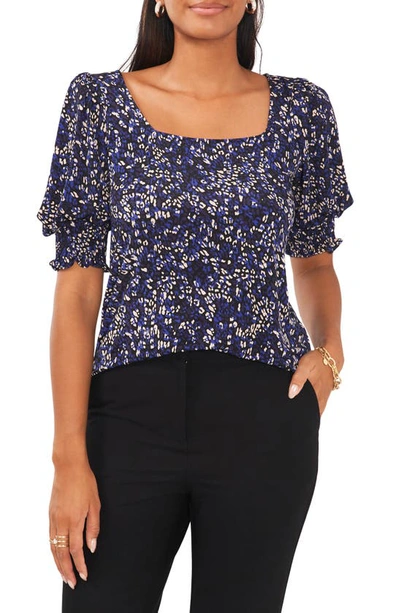 Chaus Leopard Square Neck Smocked Sleeve Blouse In Black/ Blue