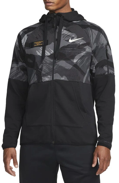 Nike Men's Dri-fit Fleece Full-zip Camo Fitness Hoodie In Black/black/coconut Milk