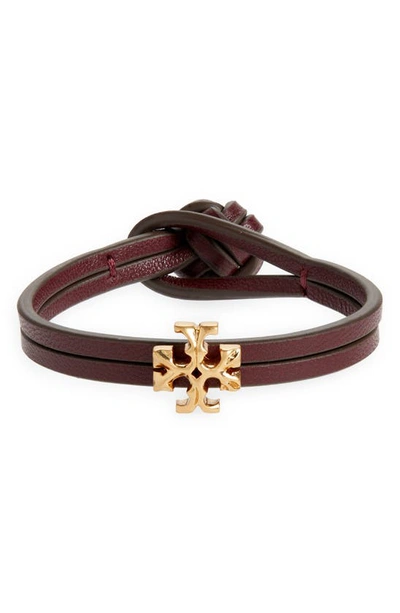 Tory Burch Monkey's Paw Knot Leather Bracelet In Rolled Gold/ Port