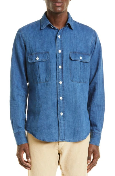 Drake's Mens Mid-blue Double-pocket Denim Work Shirt In Multi