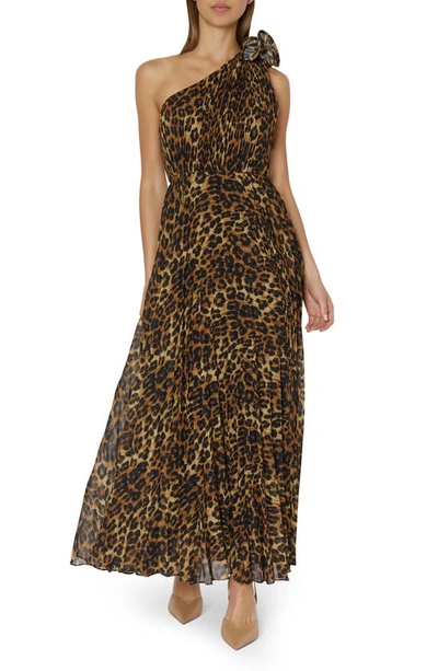 Milly Gina Pleated Leopard-print One-shoulder Gown In Neutral