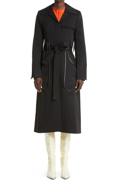 Victoria Beckham Belted Wool Leather-trim Long Trench Coat In Black
