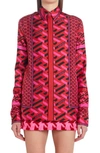 Versace La Greca Monogram Silk Button-up Blouse In Parade Red Fuxia
