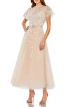 Mac Duggal Embellished Flutter Sleeve Midi Dress In Nude