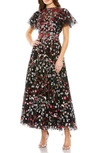 Mac Duggal Embellished Butterfly Tea Length A Line Dress In Black Multi
