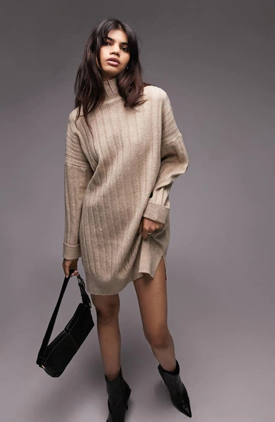 Topshop Boxy Ribbed Funnel Neck Long Sleeve Dress In Neutral