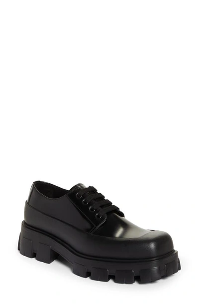 Prada Monolith Brushed Leather Derby Shoes In Nero