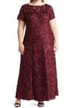 Alex Evenings Rosette Lace Short Sleeve A-line Gown In Merlot