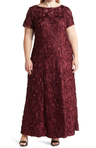 Alex Evenings Rosette Lace Short Sleeve A-line Gown In Merlot