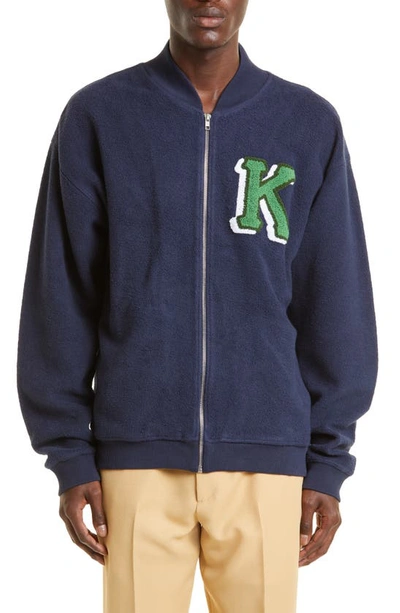 Kenzo Varsity Logo Patch Cotton Fleece Bomber Jacket In Blue