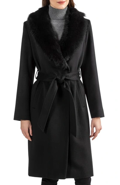 Sofia Cashmere Sofia Wool & Cashmere Blend Wrap Coat With Genuine Shearling Trim In Black