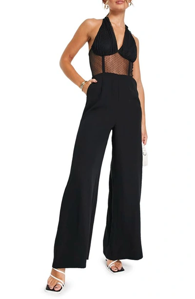 Topshop Halter Neck Dot Mesh Wide Leg Jumpsuit In Black