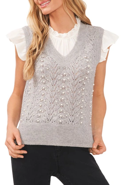 Cece Imitation Pearl Pointelle Top In Grey