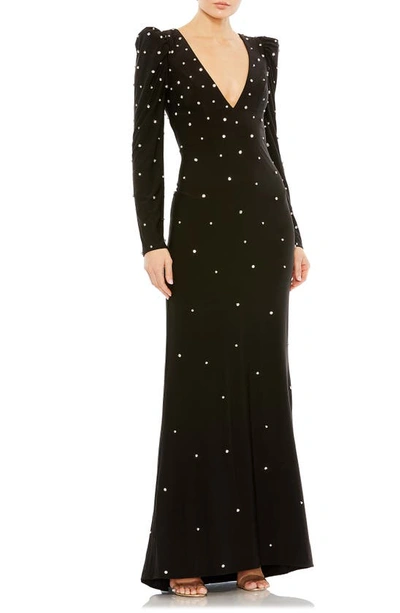 Ieena For Mac Duggal Rhinestone Encrusted Long Sleeve V Neck Gown In Black Silver