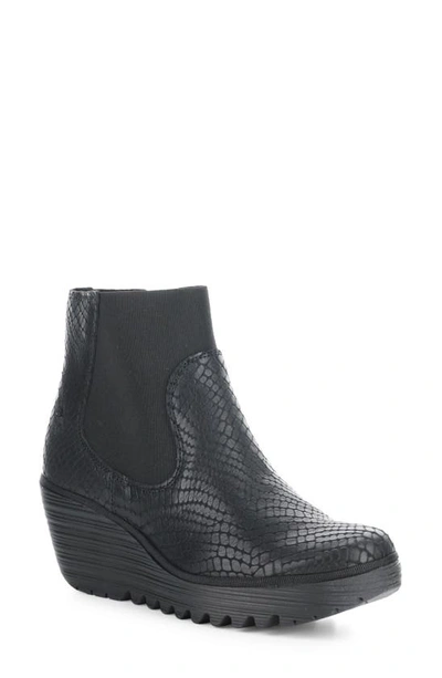 Fly London Yade Wedge Bootie In 005 Black Croco Print