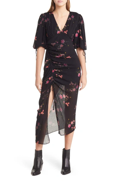 Allsaints Safiya Solanio Floral Print Ruched Puff Sleeve Dress In Black