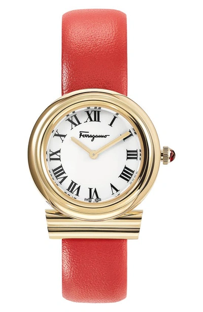 Ferragamo Gancini Watch With Leather Strap, Gold In Ip Yellow Gold