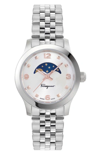 Ferragamo Duo Moon Phase Bracelet Watch, 28mm In Stainless Steel