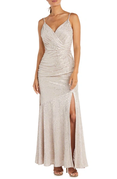 Nightway Metallic Wrap Bodice Body-con Gown In Champagne
