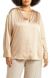 Vince Smocked Shoulder Long Sleeve Satin Blouse In Pale Nut