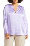 Vince Smocked Shoulder Long Sleeve Satin Blouse In Lily Stone