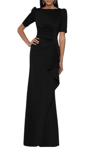 Xscape Side Ruched Ruffle Details Scuba Crepe Gown In Black