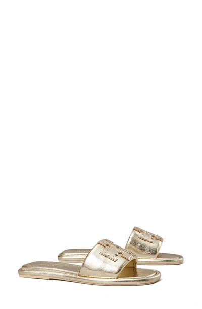 Tory Burch Double T Sport Metallic Slide Sandals In Spark Gold