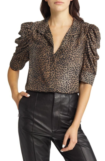 Frame Gilian Animal-print Silk Puff-sleeve Top In Brown