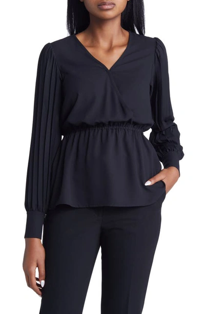 Anne Klein Pleated Sleeve Peplum Blouse In Anne Black