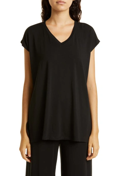 Eileen Fisher V-neck Long Boxy Jersey Top In Black