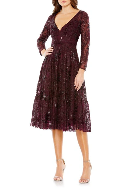 Mac Duggal Embellished Lace Long Sleeve Cocktail Dress In Wine