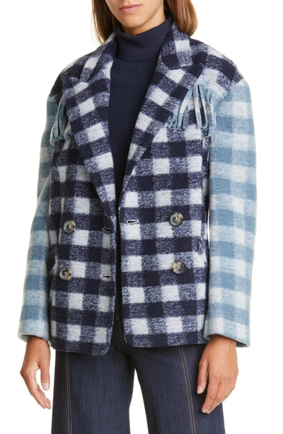 Cinq À Sept Alix Fringe-trim Plaid Wool-blend Coat In Blu